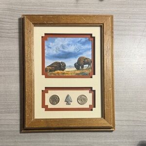 Laverne Elliott Framed Buffalo Art with Buffalo Nickels and Arrowhead.